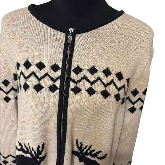 CJ Banks Women’s 1X Cotton Zip Cardigan Sweater Tan Black Moose Nordic Fair Isle - Picture 4 of 10